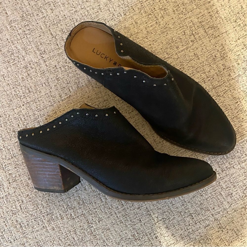 Lucky Brand black suede clog heels with studs size 8